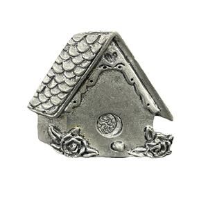 Vintage Hand signed Seagull Pewter Birdhouse Brooch 1997 Canada Heart Roses